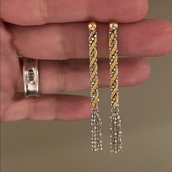 Vintage Jewelry - 14K Yellow Gold + White Gold Twisted Rope Tassel Earrings, solid gold